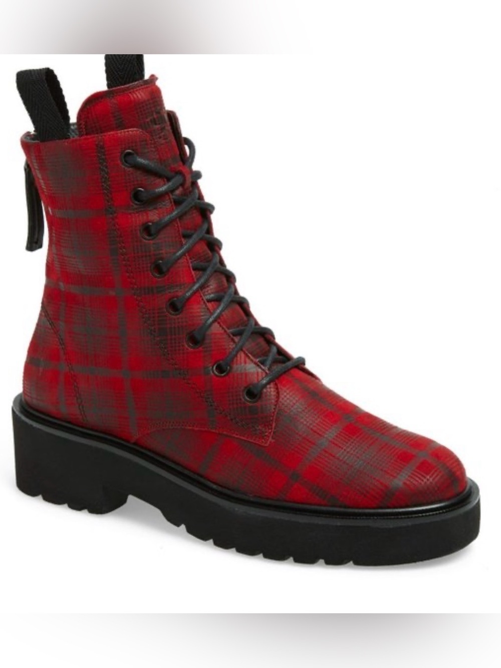 Paul Green Bronx Red Tartan Plaid Combat Boots Lug Sole Lace Up Ankle Boots 9 US